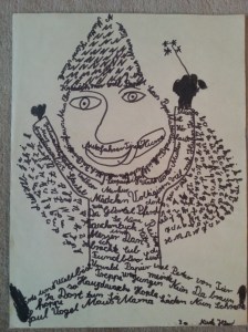 Lebensfrohes Wortmännchen in Buchstaben-Kleidung